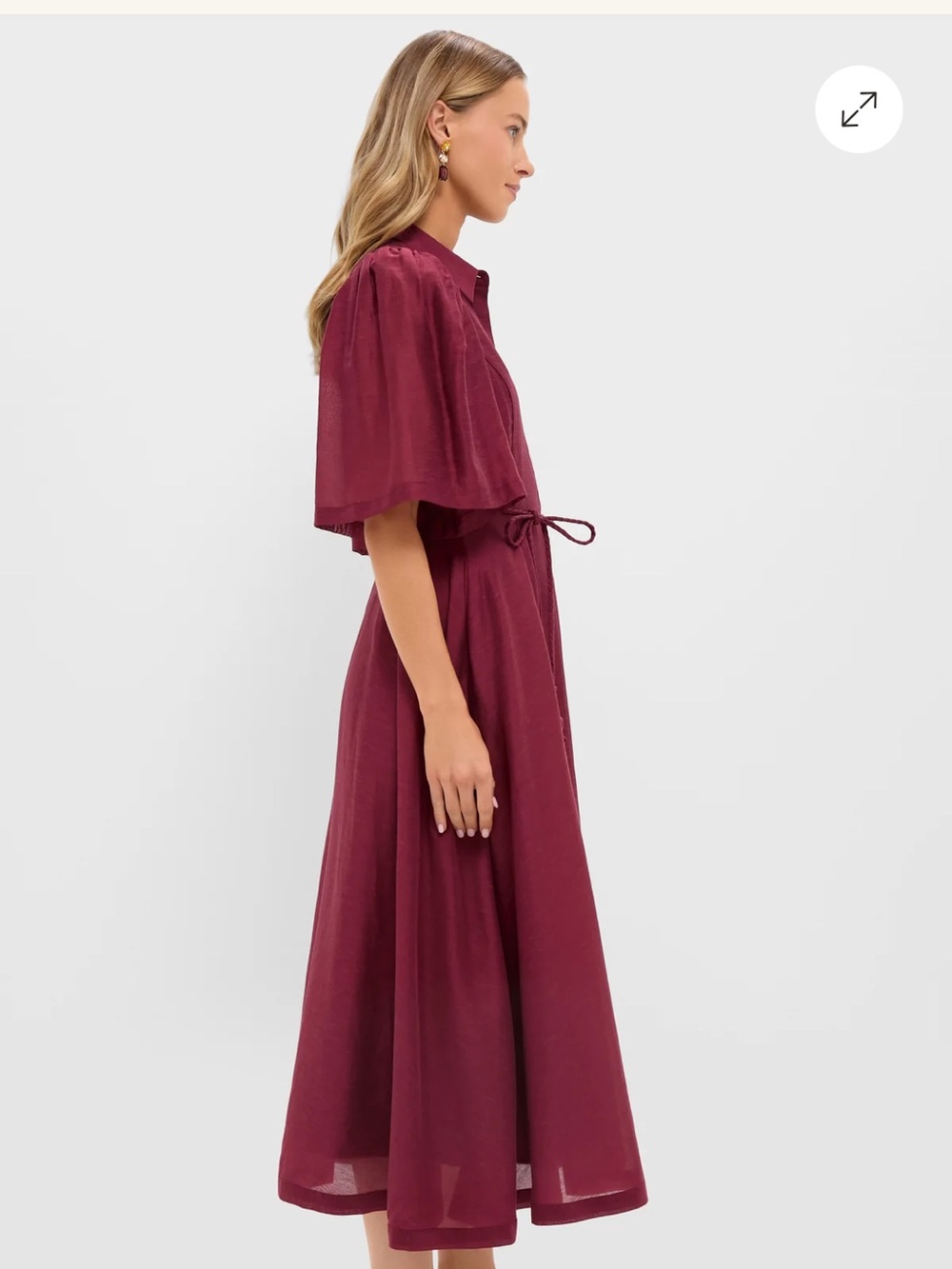 Women's Burgundy Midi Shirt Dress with Tie Waist and Puff Sleeves - Picture 2 of 6